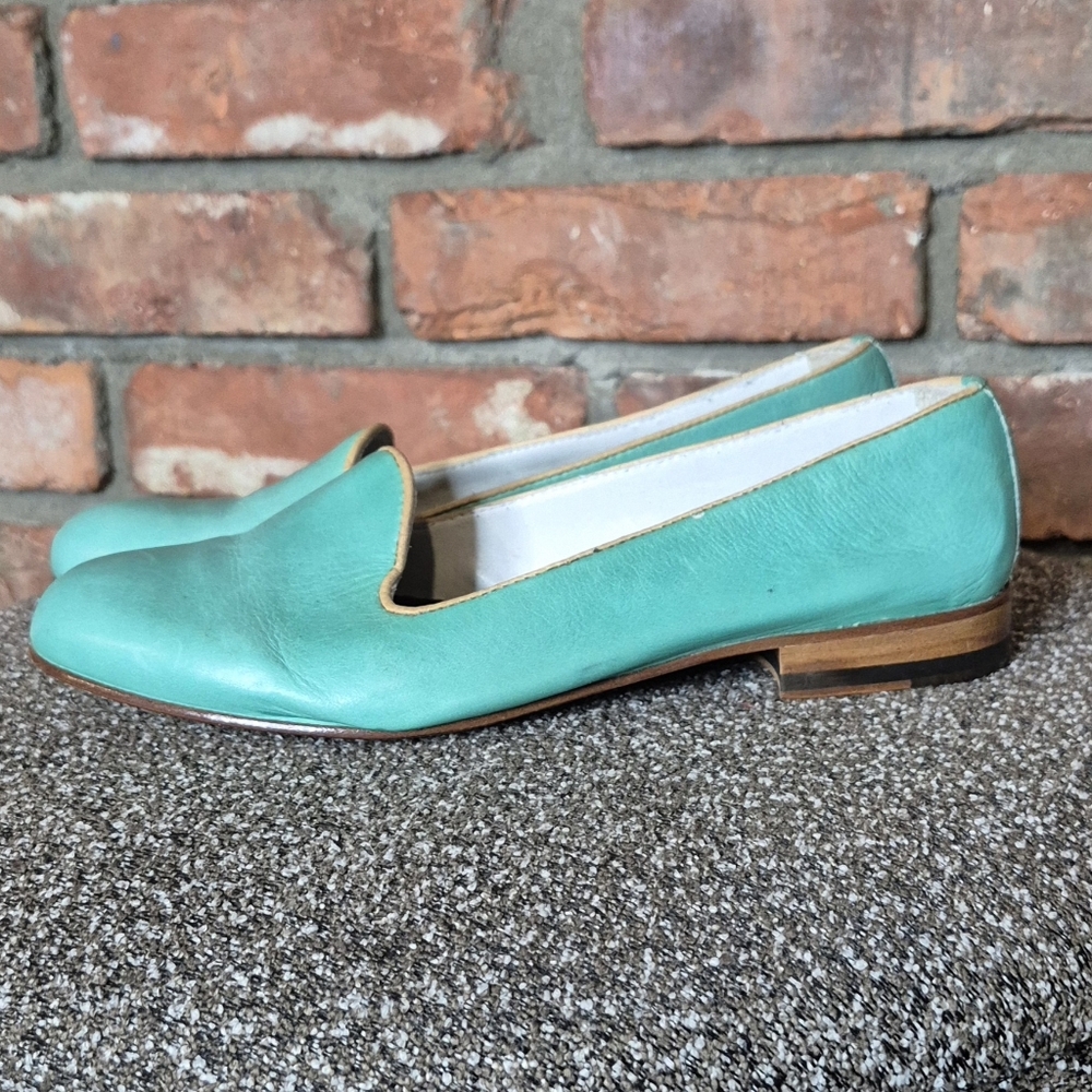 Italian Turquoise Leather Smoking Flats EU 37 Artisan Loafers Coastal Chic - Picture 2 of 13